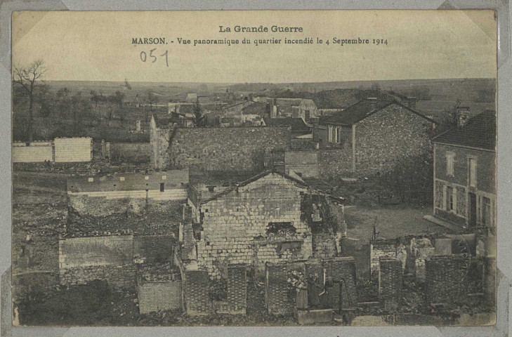 MARSON. Vue Panoramique du Quartier incendié le 4 septembre 1914. La Grande Guerre.