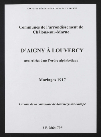 Communes d'Aigny à Louvercy de l'arrondissement de Châlons. Mariages 1917