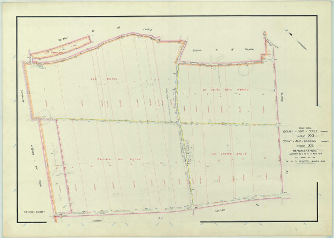 Sogny-aux-Moulins (51538). Section ZE ZO échelle 1/2000, plan remembré pour 1968 (extension Écury-sur-Coole ZO), plan régulier (papier armé)