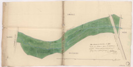 Maîtrise de Sézanne. Pieuré du Val Dieu. Plan de la prairie du Val Dieu où sont tracés les rivière et fossé, 1766.