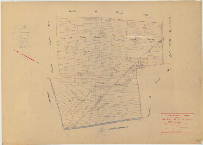 Clamanges (51154). Section A3 échelle 1/2500, plan mis à jour pour 1937, plan non régulier (papier)