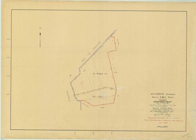 Val-des-Marais (51158). Aulnizeux (51024). Section Y1 échelle 1/2000, plan remembré pour 1954 (ancienne section B1 ), plan régulier (papier)