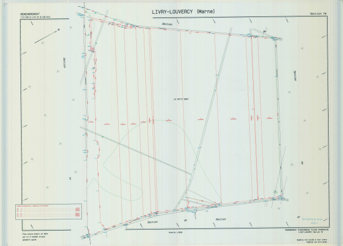 Livry-Louvercy (51326). Section YW échelle 1/2000, plan remembré pour 2004 (remembrement intercommunal de la Plaine Champenoise), plan régulier (calque)