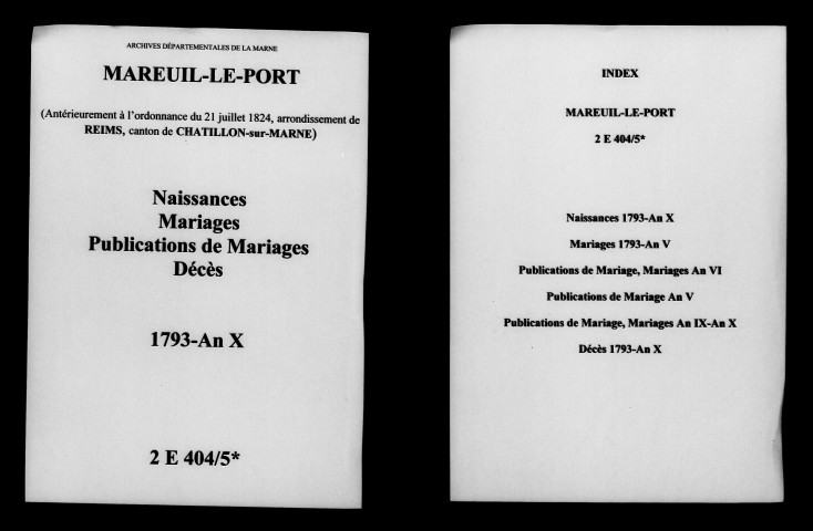 Mareuil-le-Port. Naissances, publications de mariage, mariages, décès 1793-an X