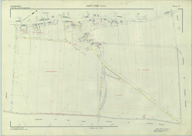 Saint-Utin (51520). Section ZH échelle 1/1000, plan remembré pour 1976, plan régulier (papier armé)