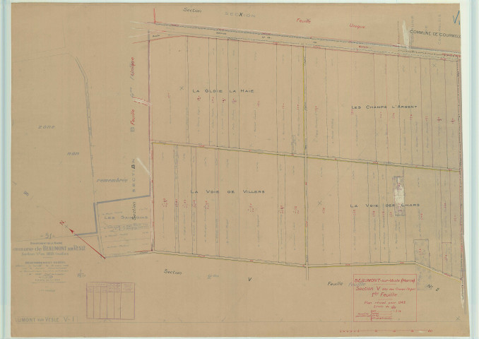 Beaumont-sur-Vesle (51044). Section V1 échelle 1/1250, plan mis à jour pour 1949, plan non régulier (papier).