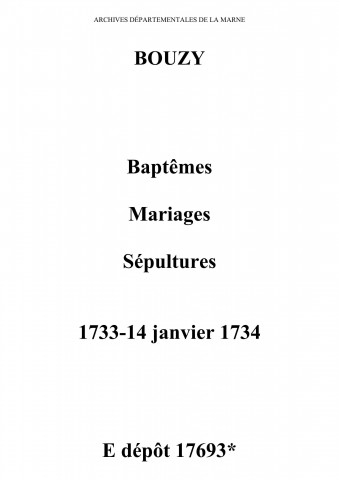 Bouzy. Baptêmes, mariages, sépultures 1733-1734