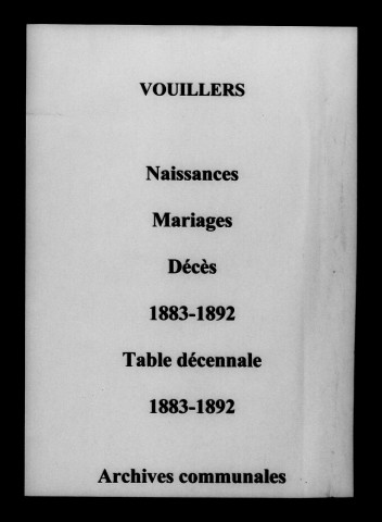 Vouillers. Naissances, mariages, décès et tables décennales des naissances, mariages, décès 1883-1892