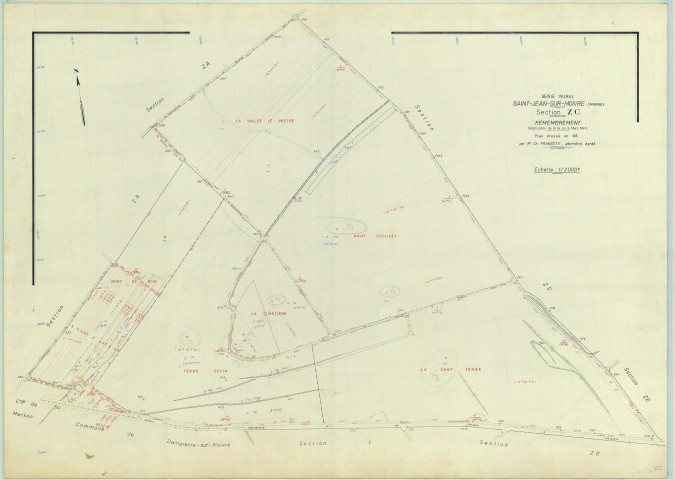 Saint-Jean-sur-Moivre (51490). Section ZC échelle 1/2000, plan remembré pour 1967, plan régulier (papier armé)