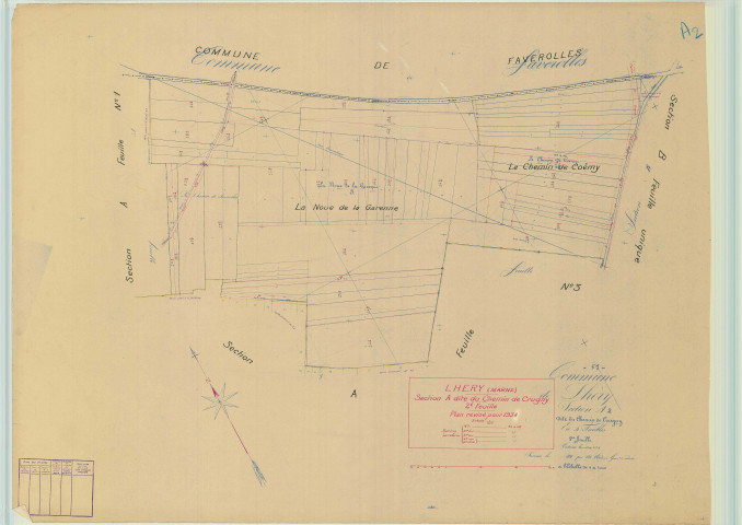 Lhéry (51321). Section A2 échelle 1/1000, plan mis à jour pour 1934, plan non régulier (papier).