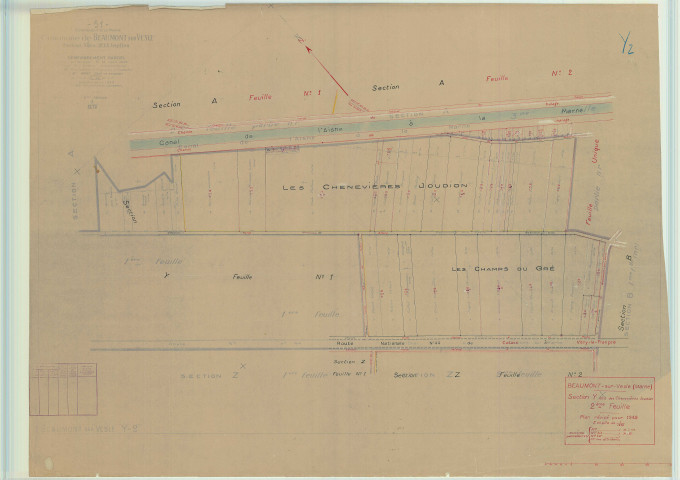 Beaumont-sur-Vesle (51044). Section Y2 échelle 1/1250, plan mis à jour pour 1949, plan non régulier (papier).