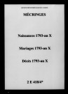 Mécringes. Naissances, mariages, décès 1793-an X