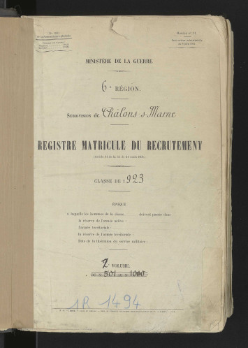 Registre matricule de la classe 1923 (1 R 1494)