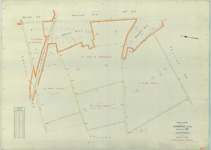 Sompuis (51550). Section ZH échelle 1/2000, plan remembré pour 1962, plan régulier (papier armé)
