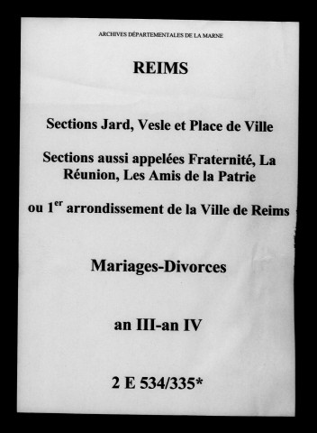 Reims. 1er arrondissement. Mariages, divorces an III-an IV