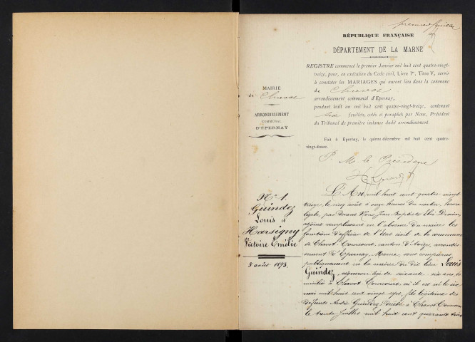 Chavot-Courcourt. Mariages 1893-1929