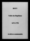 Bouy. Tables des baptêmes 1671-1778