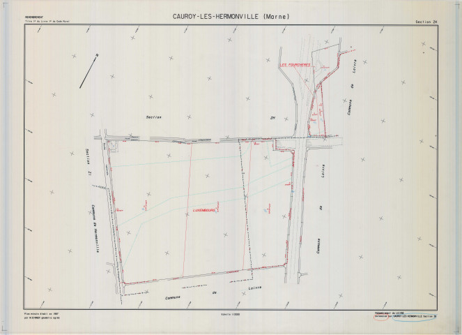 Cauroy-lès-Hermonville (51102). Section ZK échelle 1/2000, plan remembré pour 1989, plan régulier de qualité P5 (calque).