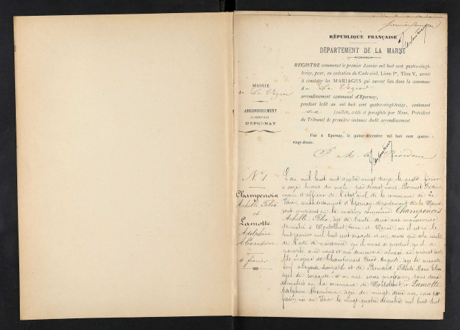 Vézier (Le). Mariages 1893-1929