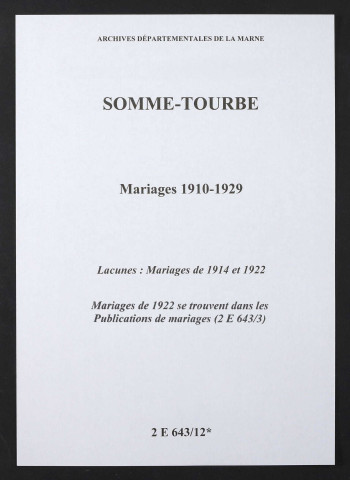 Somme-Tourbe. Mariages 1910-1929