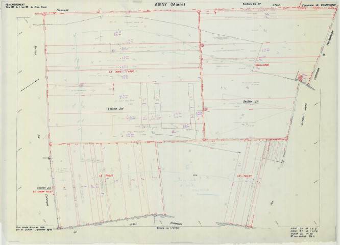 Aigny (51003). Section ZM ZP échelle 1/2000, plan remembré pour 1986 (extension sur ZP et sur Vraux section ZA), plan régulier (calque)