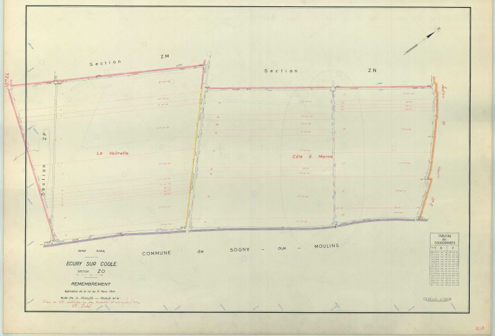 Écury-sur-Coole (51227). Section ZO échelle 1/2000, plan remembré pour 1962, plan régulier (papier armé)