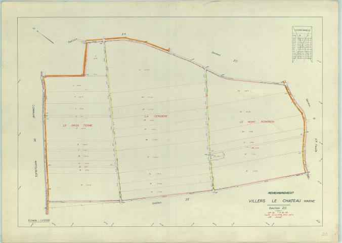 Villers-le-Château (51634). Section ZD échelle 1/2000, plan remembré pour 1964, plan régulier (papier armé)