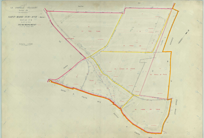 Saint-Mard-sur-Auve (51498). Section ZB échelle 1/2000, plan remembré pour 1968 (extension sur la Chapelle-Felcourt section ZA), plan régulier (papier armé)