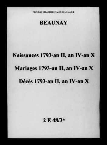 Beaunay. Naissances, mariages, décès 1793-an X