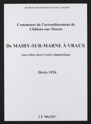 Communes de Mairy-sur-Marne à Vraux de l'arrondissement de Châlons. Décès 1926