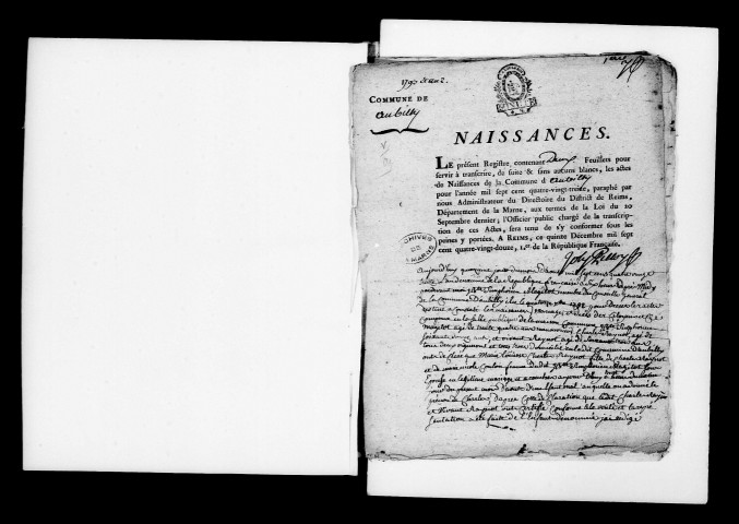 Aubilly. Naissances, mariages, décès, publications de mariage 1793-an X