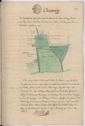 Plan des lieux contentieux sur le terroir de Chaumuzy au sujet de la conduite de l'eau de la fontaine du village (1777)