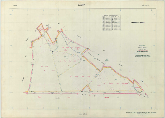 Lachy (51313). Section ZK échelle 1/2000, plan remembré pour 01/01/1968, régulier avant 20/03/1980 (papier armé)