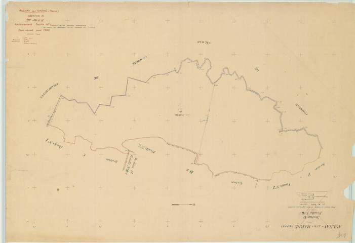 Aulnay-sur-Marne (51023). Section D1 échelle 1/2000, plan révisé pour 1950 (ancienne feuille D4), plan non régulier (papier)