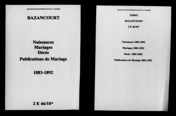 Bazancourt. Naissances, mariages, décès, publications de mariage 1883-1892