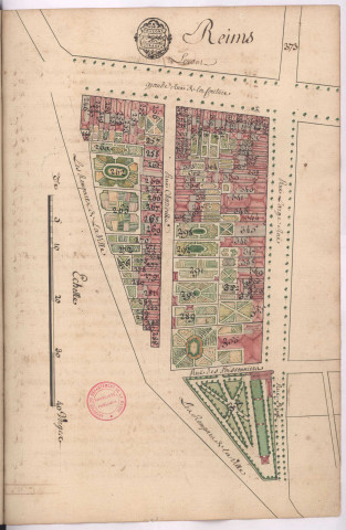 Plan du canton compris entre la place de la Couture, les remparts de la ville et la rue Large, à Reims (1759)