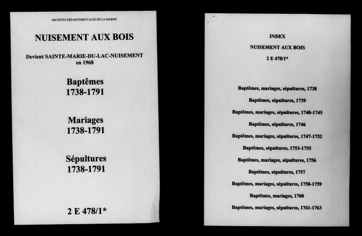 Nuisement-aux-Bois. Baptêmes, mariages, sépultures 1738-1791