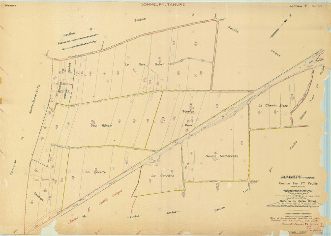 Sommepy-Tahure (51544). Section T1 échelle 1/2000, plan remembré pour 1956, plan régulier (papier)