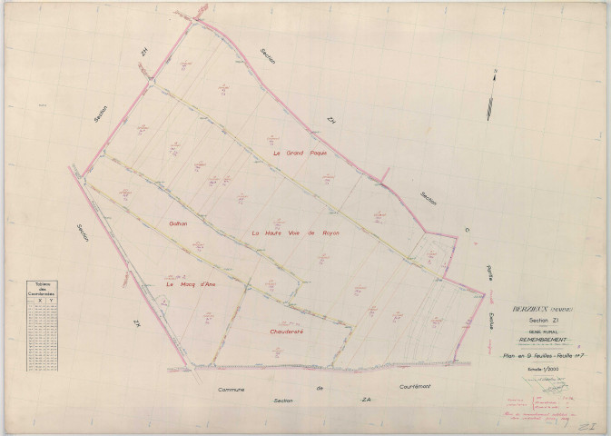 Berzieux (51053). Section ZI échelle 1/2000, plan remembré pour 1959, plan régulier (papier armé)