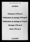 Saudoy. Naissances, publications de mariage, mariages, décès 1793-an X