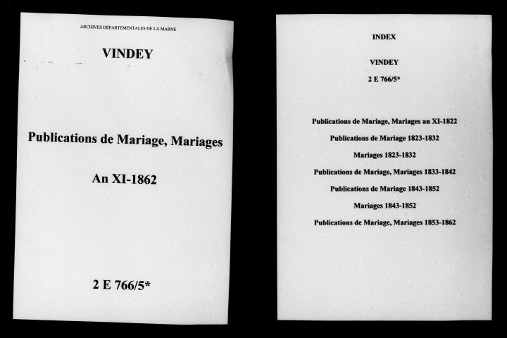 Vindey. Publications de mariage, mariages an XI-1862