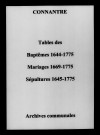 Connantre. Tables des baptêmes, mariages, sépultures 1644-1775