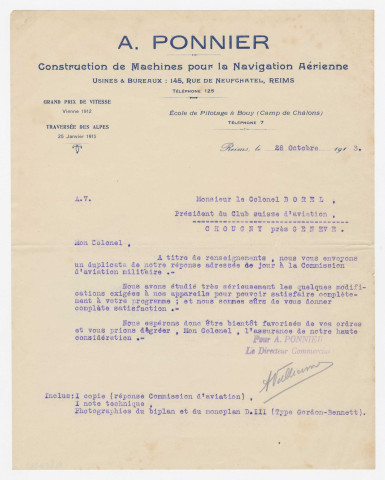 Correspondance tapuscrite d'Alfred Ponnier avec le Colonel Borel, président du Club Suisse d'aviation, concernant une vente d'aéroplanes