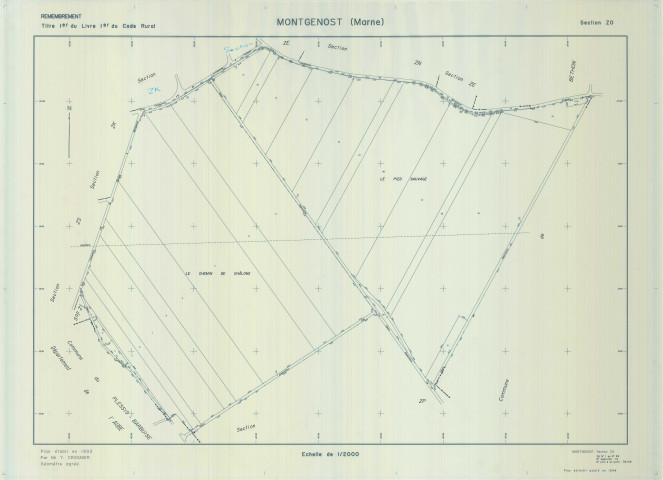 Montgenost (51376). Section ZO échelle 1/2000, plan renouvelé pour 01/01/1964, régulier avant 20/03/1980 (calque)