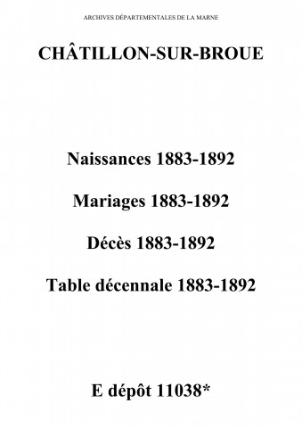 Châtillon-sur-Broué. Naissances, mariages, décès et tables décennales des naissances, mariages, décès 1883-1892