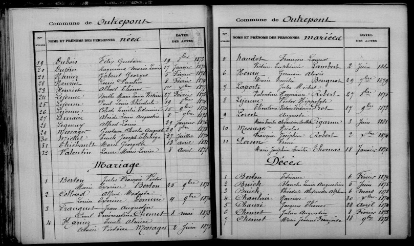 Outrepont. Table décennale 1873-1882
