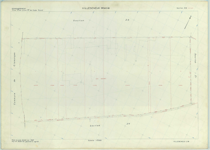 Villeseneux (51638). Section ZW échelle 1/2000, plan remembré pour 1967, plan régulier (papier armé)
