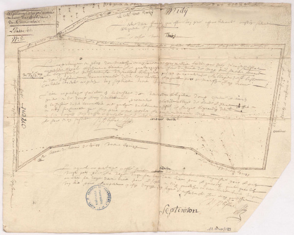 Plan d'arpentage d'un pré marais venant des habitants de Courmelois, 14 may 1660.