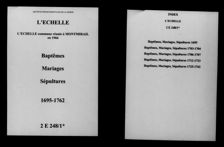 Échelle (L'). Baptêmes, mariages, sépultures 1695-1762