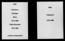 Isse. Naissances, mariages, décès et tables décennales des naissances, mariages, décès 1873-1882